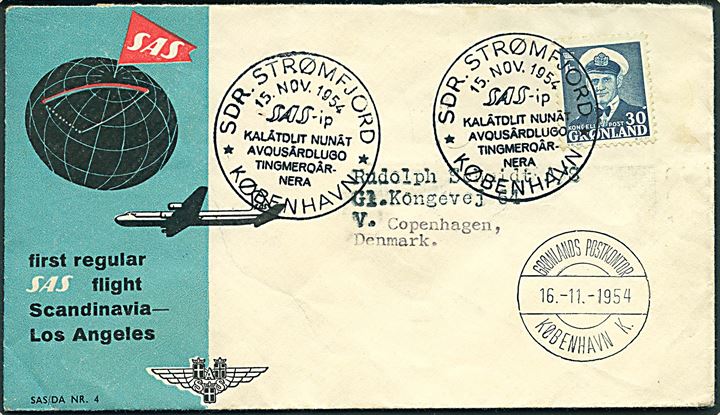 30 øre Fr. IX på illustreret SAS 1.-flyvningskuvert fra Sdr. Strømfjord d. 15.11.1954 til Grønlands Postkontor i København tilæ København.