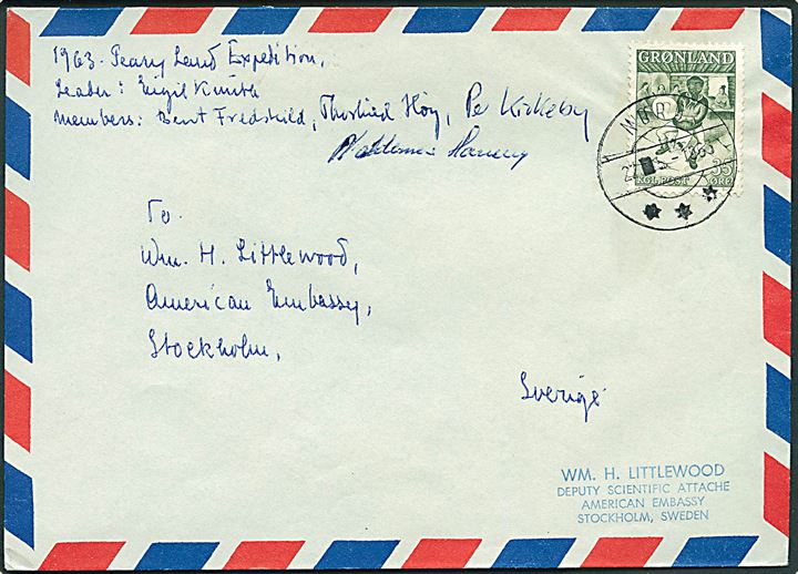 35 øre Trommedanser på brev fra 1963 Peary Land Expedition stemplet Nord d. 27.5.1963 til American Embassy, Stockholm, Sverige. Autograf fra ekspeditionsdeltagere - bl.a. Eigil Knuth.