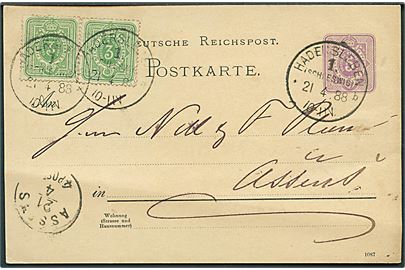 5 pfg. helsagsbrevkort opfrankeret med 3 pfg. Ciffer i parstykke stemplet Hadersleben 1. (Schleswig) *b d. 21.4.1888 til Assens, Danmark. Overfrankeret med 1 pfg.