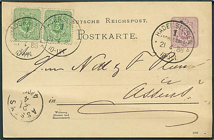 5 pfg. helsagsbrevkort opfrankeret med 3 pfg. Ciffer i parstykke stemplet Hadersleben 1. (Schleswig) *b d. 21.4.1888 til Assens, Danmark. Overfrankeret med 1 pfg.