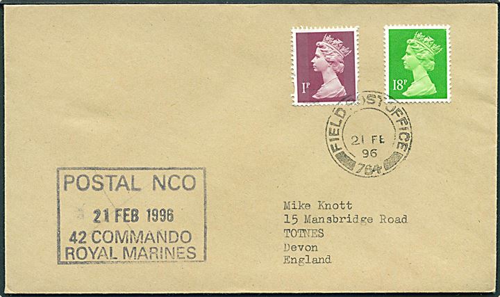 1d og 18d Elizabeth på feltpostbrev stemplet Field Post Office 764 d. 21.2.1996 til Totnes, England. Rammestempel Postal NCO 42 Commando Royal Marines d. 21.2.1996. Fra britisk manøvre i Bardufoss, Nordnorge (BFPO 517).