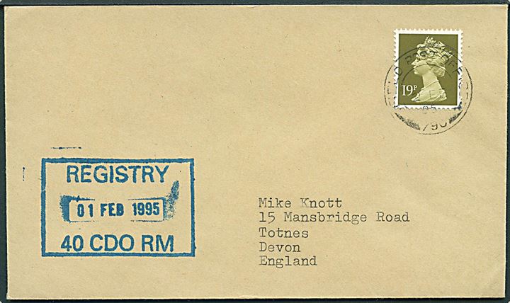 19d Elizabeth på feltpostbrev stemplet Field Post Office 790 d. 2.2.1995 til Totnes, England. Rammestempel Registry 40 Cdo RM d. 1.2.1995. Fra britisk manøvre i Bardufoss, Nordnorge (BFPO 517).