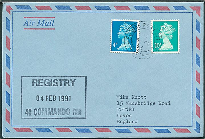 4d og 20d Elizabeth på feltpostbrev stemplet Forces Post Office 191 d. 5.2.1992 til Totnes, England. Rammestempel Registry 40 Commando RM d. 4.2.1992. Fra britisk manøvre i Bardufoss, Nordnorge.