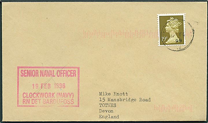 19d Elizabeth på feltpostbrev stemplet Forces Post Office 142 d. 19.2.1998 til Totnes, England. Rammestempel Senior Naval Officer Clockwork (Navy) RN Det Bardufoss. Fra britisk manøvre i Bardufoss, Nordnorge.