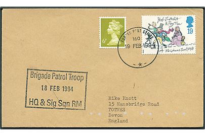 6d og 19d på feltpostbrev stemplet Forces Post Office 160 d. 19.2.1994 til Totnes, England. Rammestempel Brigade Patrol Troop HQ & Sig Sqn RM d. 18.2.1994. Fra britisk manøvre i Bardufoss, Nordnorge. (BFPO 526).