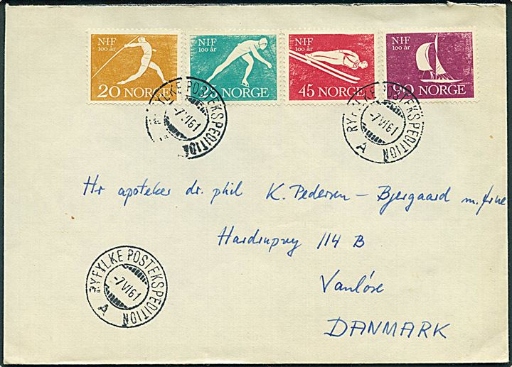 Komplet sæt NIF 100 år på brev annulleret med sejlende bureaustempel Ryfylke Postekspedition A d. 7.6.1961 til Vanløse, Danmark.