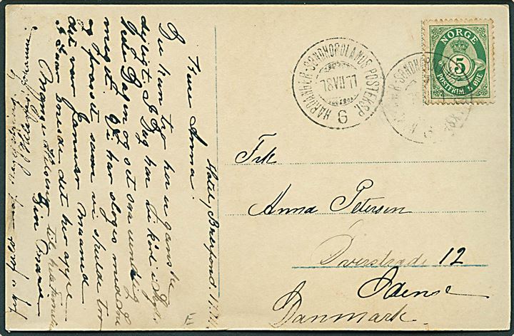 5 øre Posthorn på brevkort (Laatsfos, Hardanger) annulleret med sejlende bureaustempel Hardanger - Søndhordlands Posteksp. G d. 18.7.1911 til Odense, Danmark.
