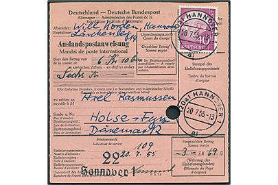 40 pfg. single på international postanvisning fra Hannover d. 20.7.1955 til Holse, Danmark. Ank.stemplet brotype IIc Holse d. 22.7.1955.