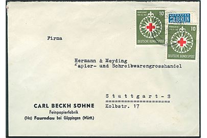 10 pfg. Røde Kors (2) og 2 pfg. Berlin Notopfer på brev fra Faurndau d. 19.6.1953 til Stuttgart.