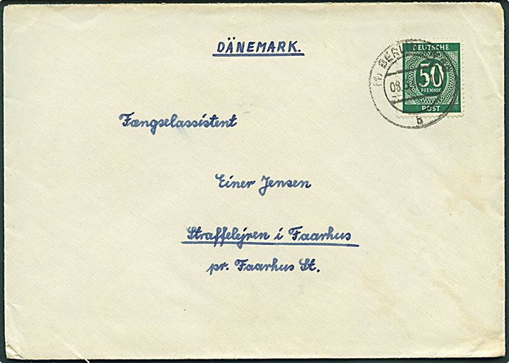 50 pfg. Ciffer single på brev fra Berlin Charlottenburg d. 8.3.1948 til Fængselassistent, Straffelejren i Faarhus pr. Faarhus St., Danmark.