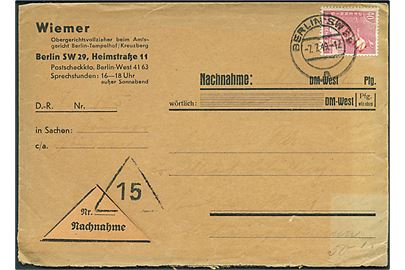 40 pfg. rød Berlin provisorium single på lokalbrev med postopkrævning i Berlin d. 7.7.1949. Kuvert falmet.