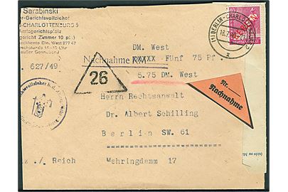 40 pfg. rød Berlin provisorium single på lokalbrev med postopkrævning i Berlin d. 18.7.1949. Kuvert beklippet.
