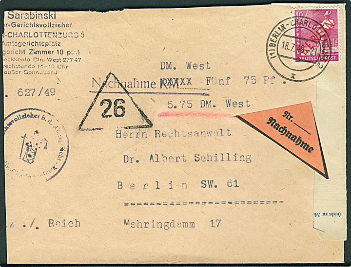 40 pfg. rød Berlin provisorium single på lokalbrev med postopkrævning i Berlin d. 18.7.1949. Kuvert beklippet.