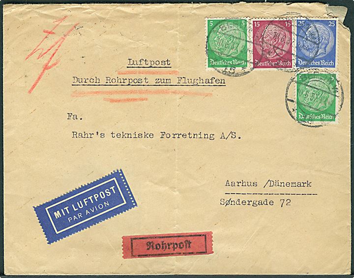 5 pfg. (2), 15 pfg. og 25 pfg. Kindenburg på 50 pfg. frankeret luftpostbrev sendt med rørpost i Berlin d. 10.6.1937 via København til Aarhus, Danmark. Hj. skade.
