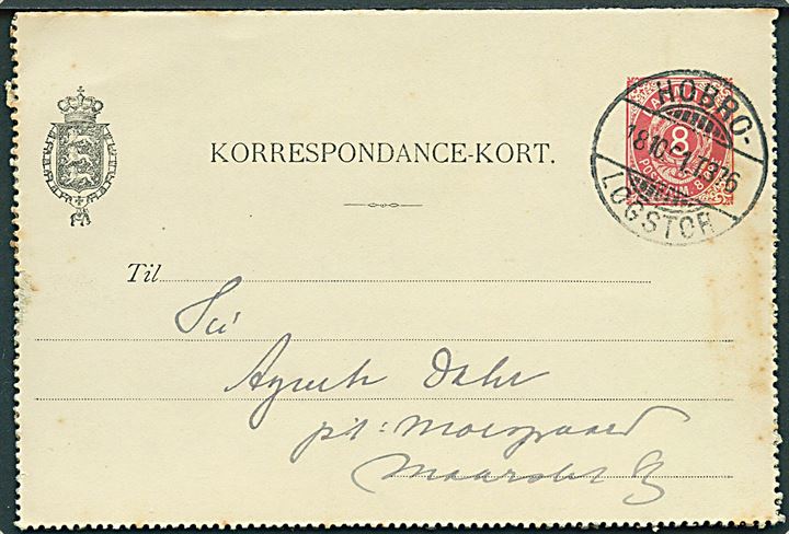 8 øre helsags korrespondancekort annulleret med bureaustempel Hobro - Løgstør T.376 d. 18.10.1901 til Maarslet.
