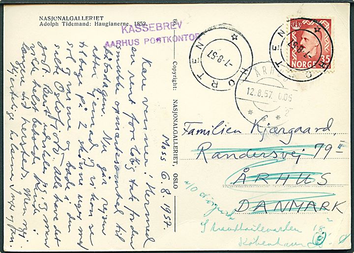 35 øre Haakon på brevkort fra Horten d. 7.8.1957 til Aarhus, Danmark. Eftersendt til København med violet: Kassebrev / Aarhus Postkontor.