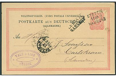 10 pfg. helsagsbrevkort fra Lübeck annulleret med bureaustempel Stettin Hamburg d. 11.10.1881 og sidestemplet Lübeck Bahnhof til Carlskrona, Sverige.