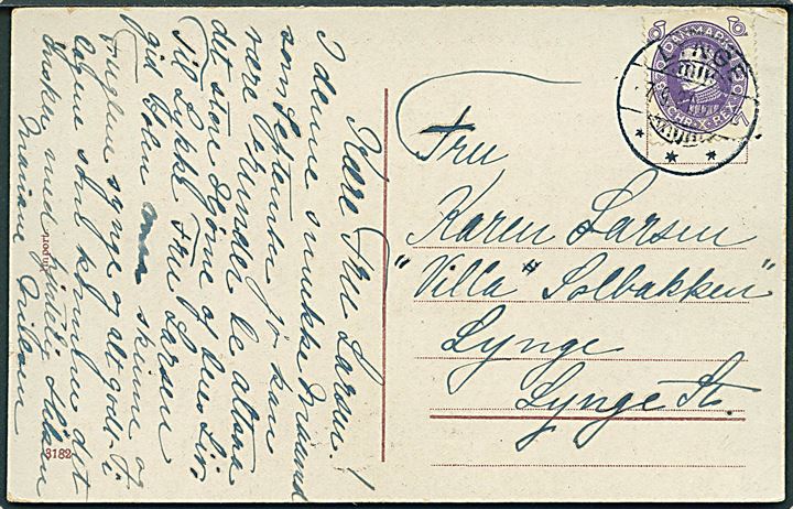 7 øre Chr. X 60 år single på lokalt brevkort annulleret med brotype Ia Lynge d. 7.9.1931.