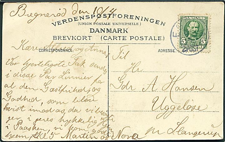 5 øre Fr. VIII på brevkort (Gyldenholm) dateret Bregnerød og annulleret med lapidar Esrom d. 10.4.190x til Uggeløse pr. Slangerup.