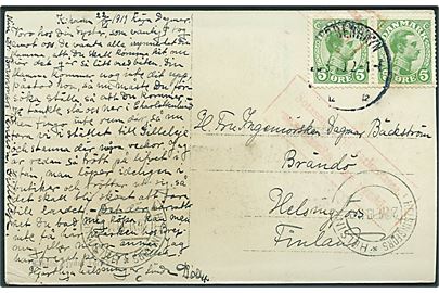 5 øre Chr. X i parstykke på brevkort fra Kjøbenhavn d. 22.6.1919 til Helsingfors, Finland. 2-sproget finsk borgerkrigscensur.