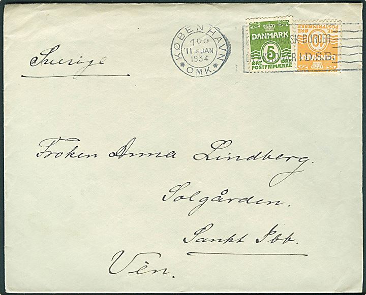 5 øre og 10 øre Bølgelinie på brev fra København d. 11.1.1934 til Sankt Ibb på den svenske ø Hven i Øresund.