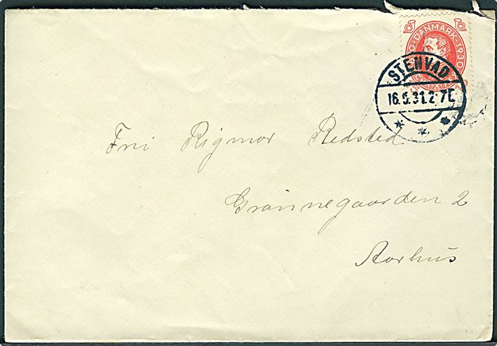 15 øre Chr. X 60 år på brev annulleret med brotype IIa Stenvad d. 16.5.1931 til Aarhus.