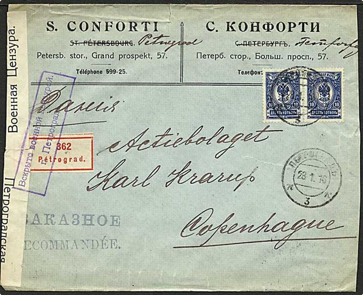 10 kop. Våbentype på anbefalet brev fra Petrograd d. 23.1.1916 til København. Åbnet af russisk censur i Petrograd.
