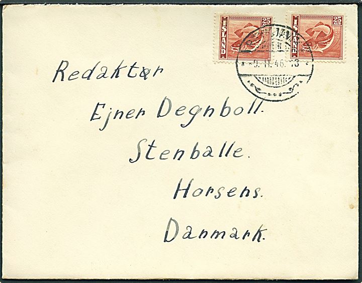 25 aur Torsk (2) på brev fra Reykjavik d. 9.2.1946 til Horsens, Danmark.