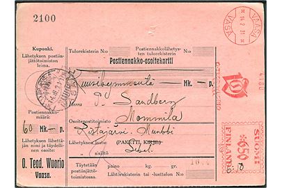 6,50 mk. firmafranko på postopkrævning fra Vaasa d. 14.2.1931 til Mommila.