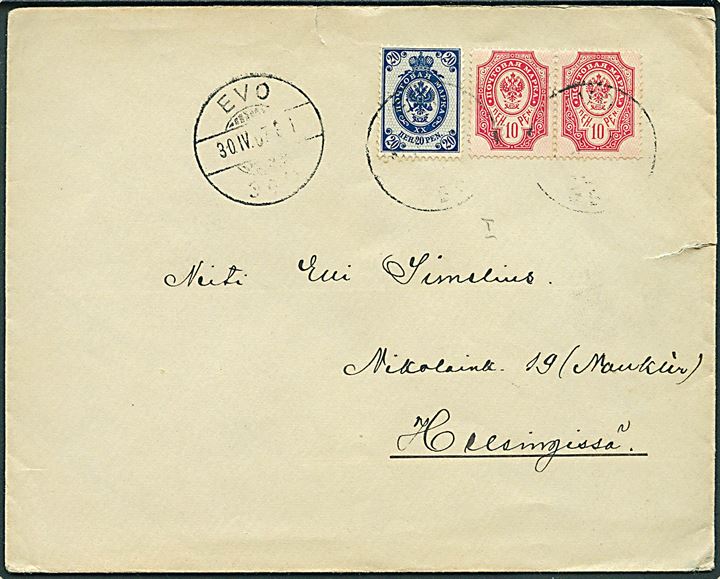 10 pen. (par) og 20 pen. Våben på brev fra Evo d. 30.4.1907 til Helsingfors.