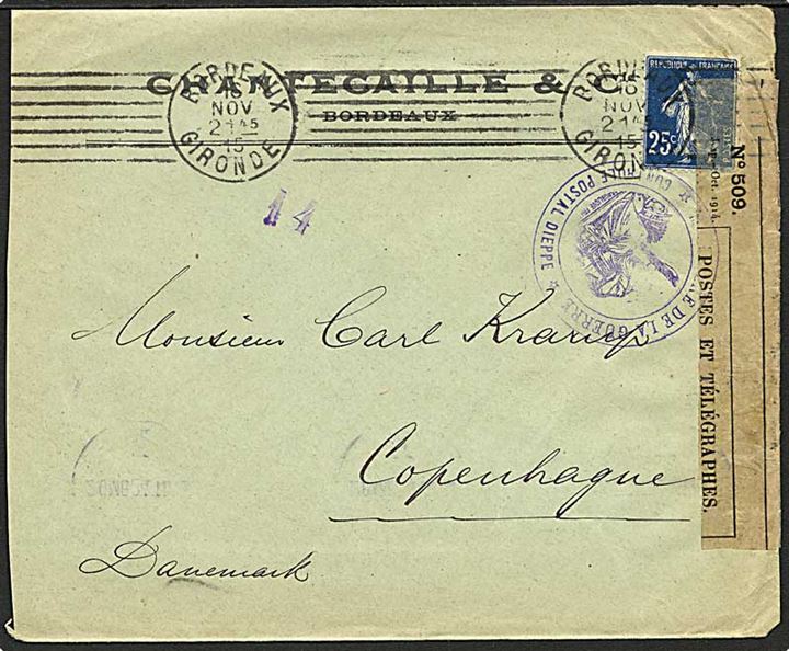 25 c. single på brev fra Bordeaux d. 16.11.1915 til København. Åbnet af fransk censur i Dieppe.