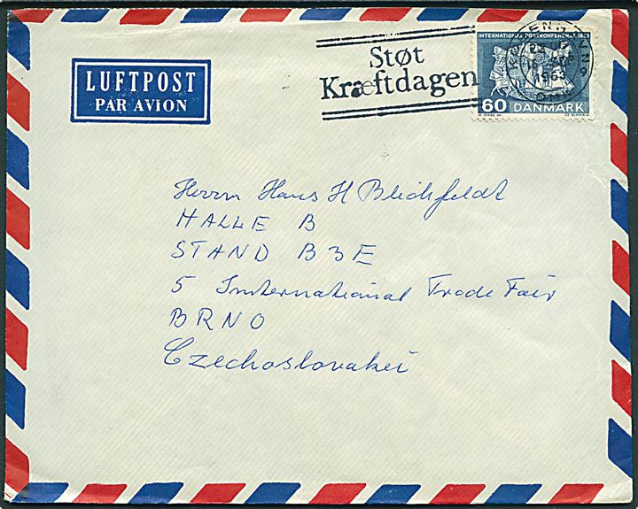 60 øre UPU konference på luftpostbrev annulleret med TMS Støt Kræftdagen/København OMK 9 d. 10.9.1963 til 5. Internationale Trade Fair i Brno, Tjekkoslovakiet.