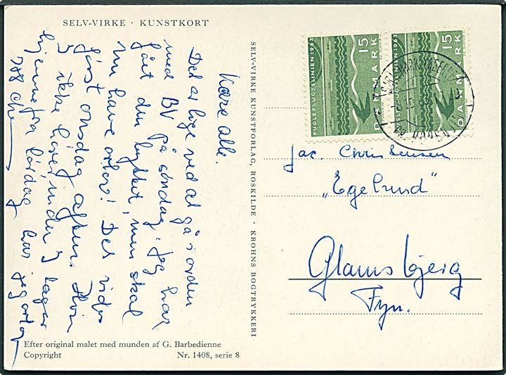 15 øre Fugleflugtslinien i parstykke på brevkort annulleret med pr.-stempel Sjælsmarks Kaserne pr. Hørsholm d. 8.10.1963 til Glamsbjerg.