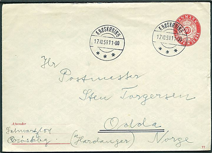 30 øre helsagskuvert (fabr. 77) annulleret med brotype IIc Ærøskøbing d. 17.10.1959 til Odda, Norge. På bagsiden liniestempel: ÆRØESKJØBING. Sendt fra Schwartz - postmester i Ærøskøbing (1954-66).