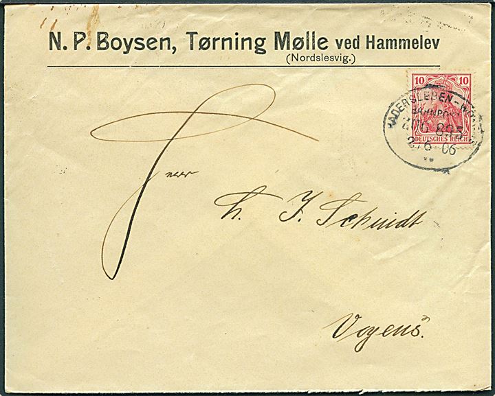 10 pfg. Germania på brev fra Tørning Mølle ved Hammelev annulleret med bureaustempel Hadersleben - Woyens Bahnpost Zug 895 d. 2.6.1906 til Vojens.