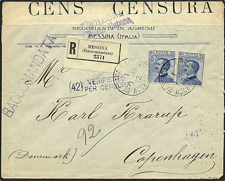 25 c. (2) Viktor Emanuel II på anbefalet brev fra Messina d. 1.1.1916 til København, Danmark. Åbnet af italiensk censur i Bologna.