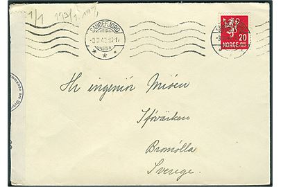 20 øre Løve på brev fra Sandefjord d. 3.2.1942 til Bromölla, Sverige. Åbnet af tysk censur i Oslo.