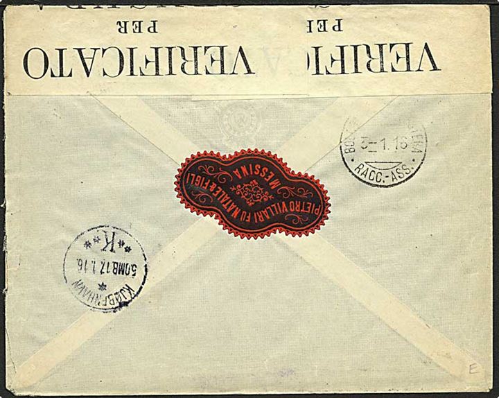 25 c. (2) Viktor Emanuel II på anbefalet brev fra Messina d. 1.1.1916 til København, Danmark. Åbnet af italiensk censur i Bologna.