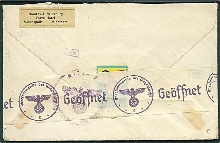 30 cents Winged Globe single på luftpostbrev fra Minneapolis d. 18.12.1940 til Wuppertal, Tyskland. Påskrevet: via New York and Portugal. Åbnet af tysk censur.