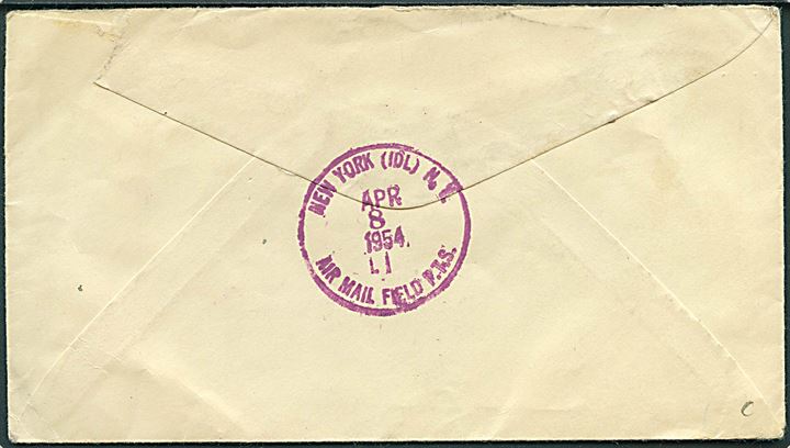 3 cents helsagskuvert opfrankeret med 1 cent (par) Washington og 3 cents Jefferson sendt som luftpost fra Bebb, Montana d. 5.4.1954 via New York Air Mail Field d. 8.4.1954 til Office of Post Master General, Greenland. Liniestempel Not in Air Mail. 