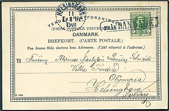 5 øre Fr. VIII på brevkort (Snekkersten) annulleret med svensk skibsstempel Från Danmark og sidestemplet Helsingborg d. 11.8.1908 til Helsingborg, Sverige.