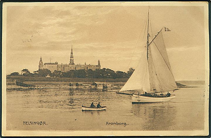 5 øre Fr. VIII på brevkort (Kronborg) annulleret med svensk stempel Helsingborg d. 23.9.1911 og sidestemplet Från Danmark til Helsingborg, Sverige.
