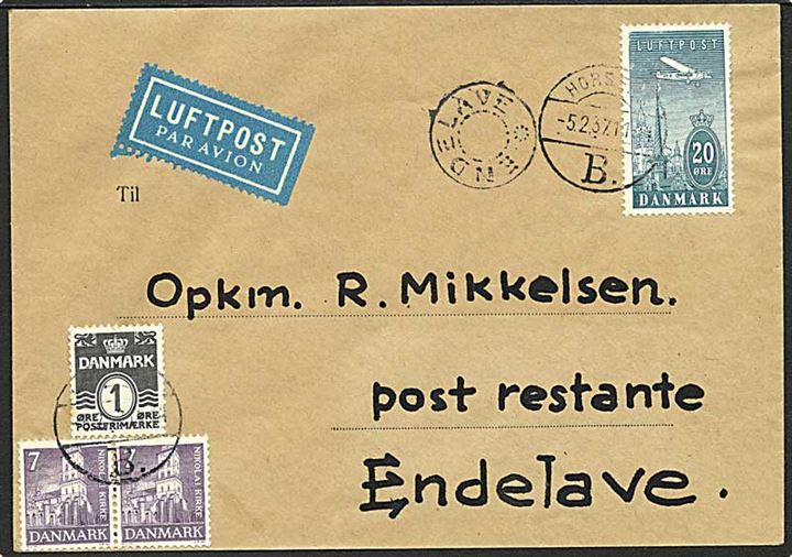 20 øre Luftpost, 7 øre Nikolai kirke i par og 1 øre Bølgelinie på isluftpost brev stemplet Horsens B. d. 5.2.1937 til Endelave. Ank.stemplet med udslebet stjernestempel ENDELAVE.