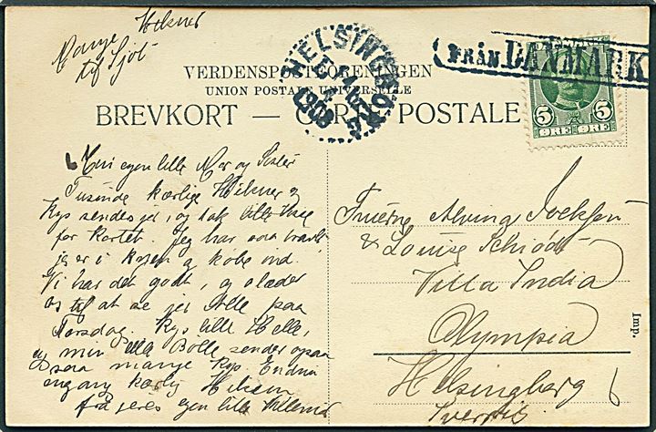 5 øre Fr. VIII på brevkort (Marienlyst Park med Holger Danske) annulleret med svensk skibsstempel Från Danmark og sidestemplet Helsingborg d. 14.4.1908 til Helsingborg, Sverige.