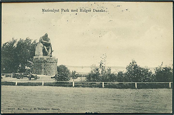 5 øre Fr. VIII på brevkort (Marienlyst Park med Holger Danske) annulleret med svensk skibsstempel Från Danmark og sidestemplet Helsingborg d. 14.4.1908 til Helsingborg, Sverige.