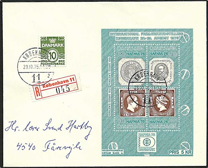 Hafniablok I og 10 øre Bølgelinie på anbefalet brev fra København d. 29.10.1975 til Fårevejle.