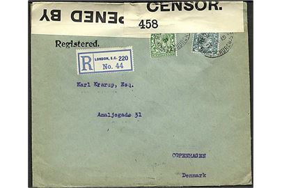 ½d og 4d George V på anbefalet brev fra London d. 21.7.1915 til København, Danmark. Åbnet af britisk censor no. 458.