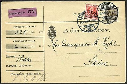 10 øre og 25 øre Fr. VIII på 35 øre frankeret adressebrev for værdipakke fra Kjøbenhavn B. d. 30.4.1909 til Skive.