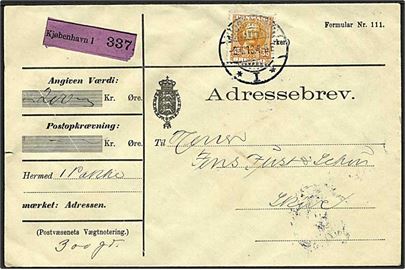 35 øre Fr. VIII single på adressebrev for værdipakke fra Kjøbenhavn I d. 3.4.1913 til Skive.