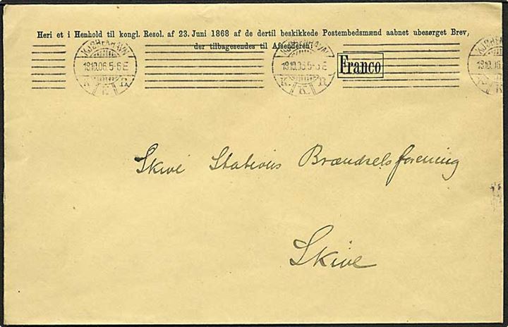 Fortrykt Franco-kuvert til returpost fra Generaldirektoratet for Postvæsnet stemplet Kjøbenhavn d. 18.10.1906 til Skive.